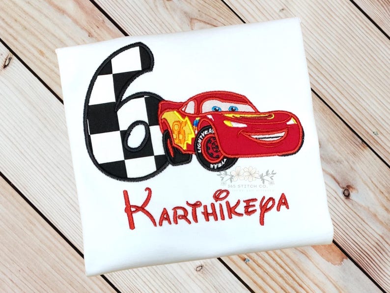Lightning McQueen Birthday Shirt, Race Car Birthday Shirt, Personalized Kids Disney Birthday Shirt, Embroidered Custom Name, Ages 1-9 Age/Number 6