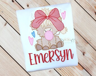 Girls Highland Cow Valentines Shirt, Highland Cow Chewing Gum, Kids Personalized Valentine Shirt, Custom Monogram Name, Embroidered Shirt