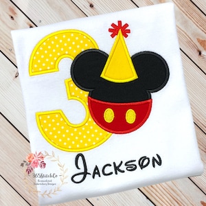 Mickey Mouse 3rd Birthday Shirt, Disney Shirt, Mickey Mouse Birthday Shirt with Party Hat, Mickey Mouse Party, Embroidered Shirt, Ages 1-9
