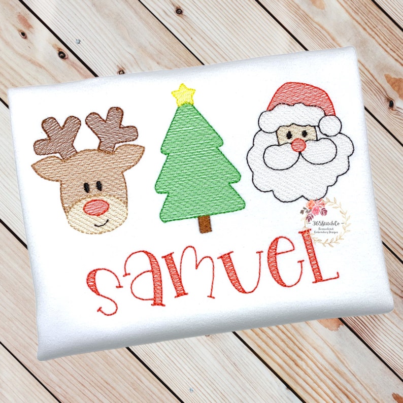 May include: A white onesie with a red embroidered reindeer, Christmas tree, and Santa Claus. The name "Samuel" is embroidered in red below the images.