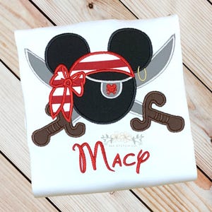 Minnie Pirate Shirt, Pirate Hat with Swords and Bow, Family Vacation Cruise Shirt, Personalized Custom Embroidered Shirt for Girls and Boys