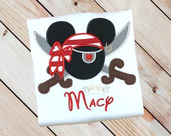 Minnie Pirate Shirt, Pirate Hat with Swords and Bow, Family Vacation Cruise Shirt, Personalized Custom Embroidered Shirt for Girls and Boys