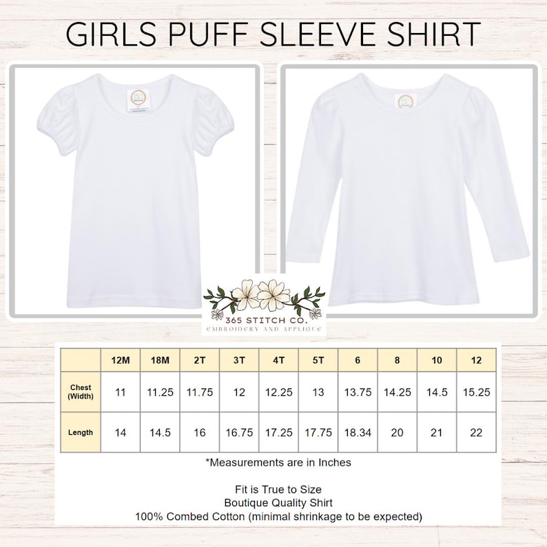 K&ouml;nnte beinhalten: Gr&ouml;&szlig;entabelle f&uuml;r M&auml;dchen-Puff&auml;rmel-Shirts mit kurzen und langen &Auml;rmeln. Die Tabelle zeigt die Brustweite und die L&auml;nge in Zoll f&uuml;r die Gr&ouml;&szlig;en 12M bis 12. Der Text lautet "Measurements are in inches", "Fit is True to Size", "Boutique Quality Shirt", and "100% Combed Cotton (minimal shrinkage to be expected)".
