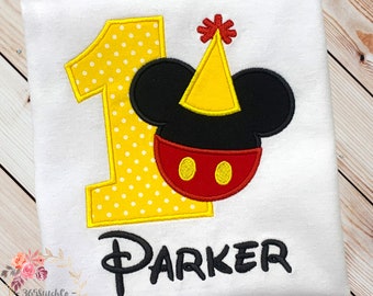 Mickey Mouse First Birthday Shirt, 1st Birthday Disney Shirt, Mickey Mouse Birthday Shirt with Party Hat, Available Ages/Numbers 1-9