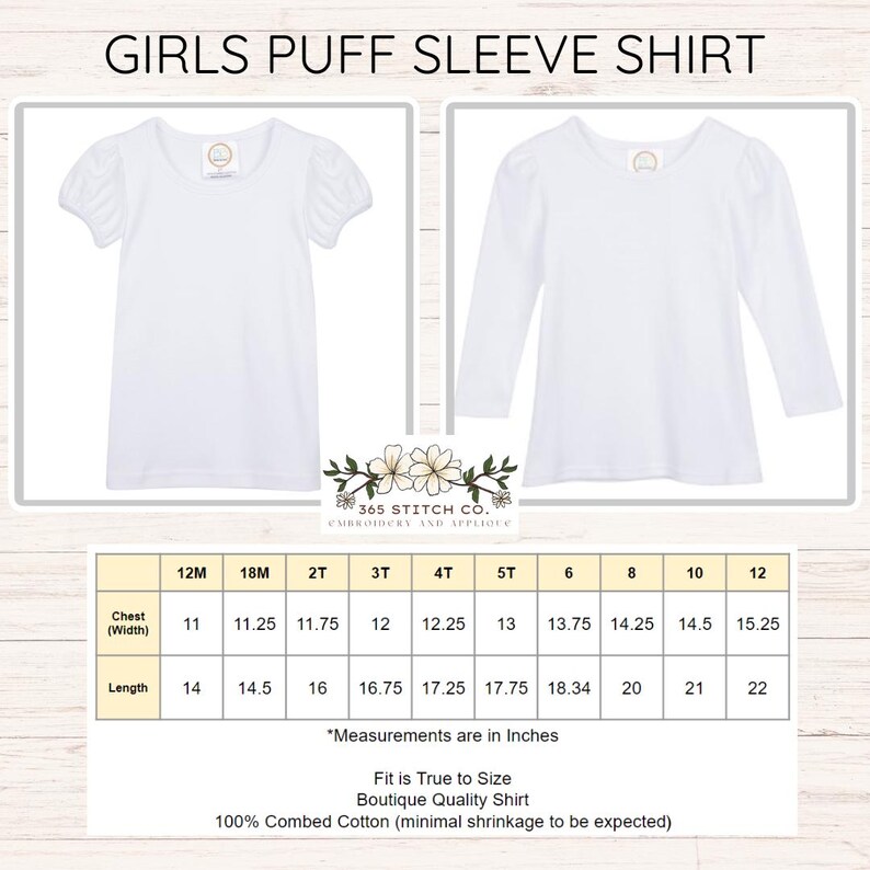 Op de afbeelding: Maattabel voor meisjes puffmouw shirts met korte en lange mouwen. De tabel toont de borstbreedte en lengte in inches voor maten 12M tot 12. De tekst luidt "Measurements are in inches", "Fit is True to Size", "Boutique Quality Shirt", and "100% Combed Cotton (minimal shrinkage to be expected)".