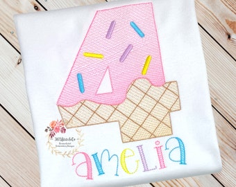 Girls Ice Cream Birthday Shirt, Ice Cream Party Shirt, Embroidered Shirt, Available Ages/Number 1-9