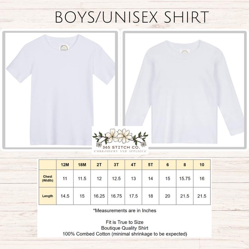 K&ouml;nnte beinhalten: Gr&ouml;&szlig;entabelle f&uuml;r Jungen- und Unisex-Shirts in den Gr&ouml;&szlig;en 12M bis 10. Die Tabelle zeigt die Brustweite und die L&auml;nge in Zoll. Der Text lautet "Measurements are in inches", "Fit is True to Size", "Boutique Quality Shirt", and "100% Combed Cotton (minimal shrinkage to be expected)".