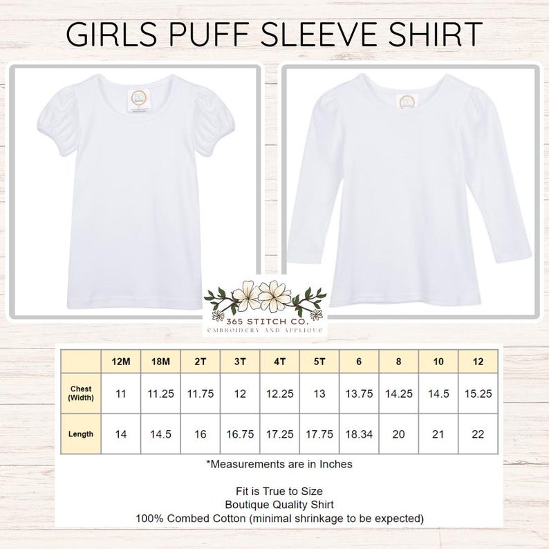 Pu&ograve; includere: Magliette bianche a maniche a sbuffo per ragazze, disponibili a maniche corte e lunghe. L'immagine include una tabella delle taglie con misure in pollici. Le camicie sono realizzate in 100% cotone pettinato. Taglie da 12 mesi alla taglia 12.