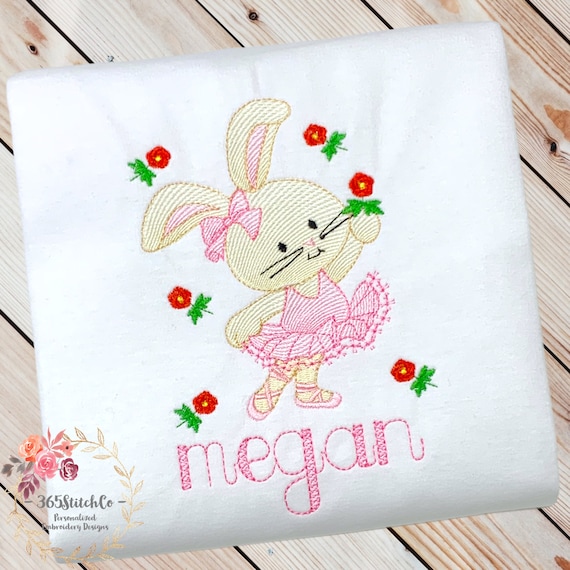 Girls Ballerina Shirt, Kids Ballerina Bunny with Red Flowers Shirt, Toddler Bunny Shirt, Embroidered Shirt, Personalized Handmade Gift