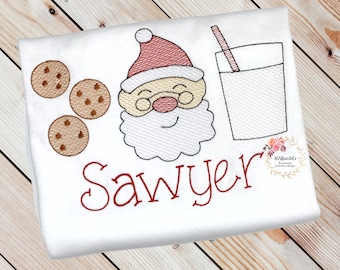 Personalized Christmas Shirt for Kids, Santa with Milk and Cookies, Kids Santa Shirt, Embroidered Shirt