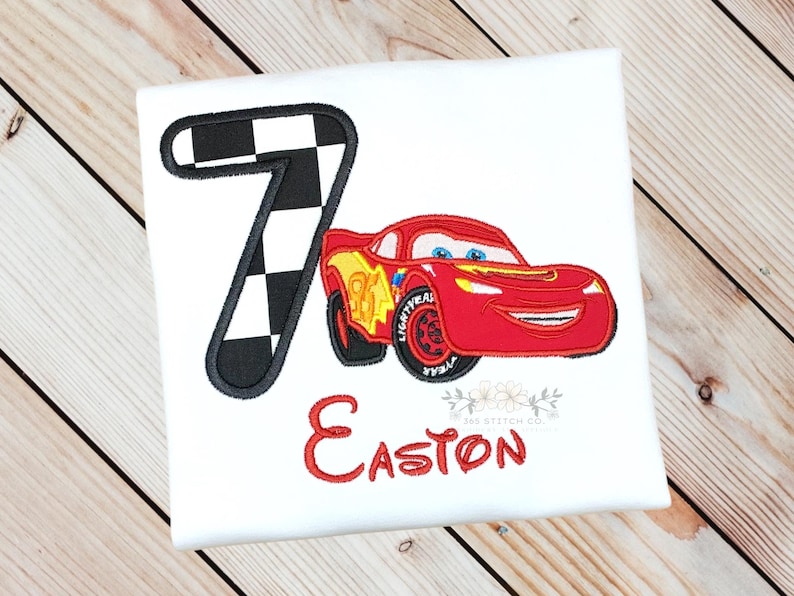 Lightning McQueen Birthday Shirt, Race Car Birthday Shirt, Personalized Kids Disney Birthday Shirt, Embroidered Custom Name, Ages 1-9 Age/Number 7
