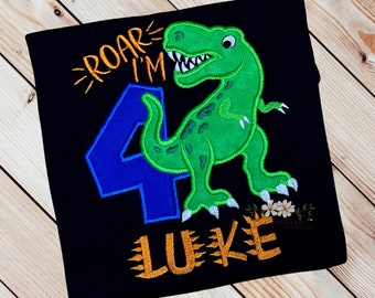 Boys Dinosaur Birthday Shirt, TREX Birthday Boy Shirt, Dinosaur Party, Handmade Custom Personalized Embroidered Birthday Shirt for Kids