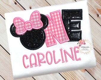 Minnie Mouse 1st Birthday Shirt, Pink Gingham Black Glitter Minnie Mouse First Birthday Shirt, 1st Birthday Disney Shirt, Embroidered Shirt