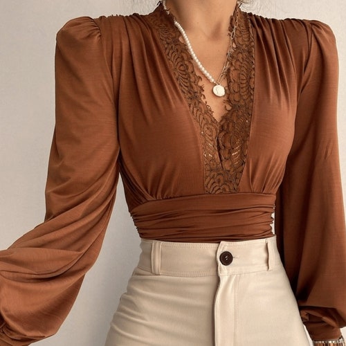 Long Sleeve Brown Color Vintage Bodysuit With Lace Detail Etsy