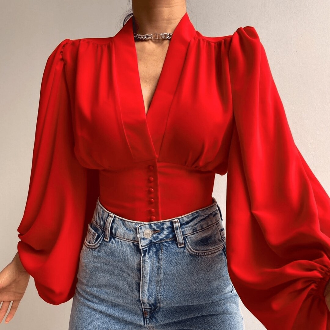 Long Sleeve Red Color Vintage Elizabeth Corset V Neck Blouse - Etsy
