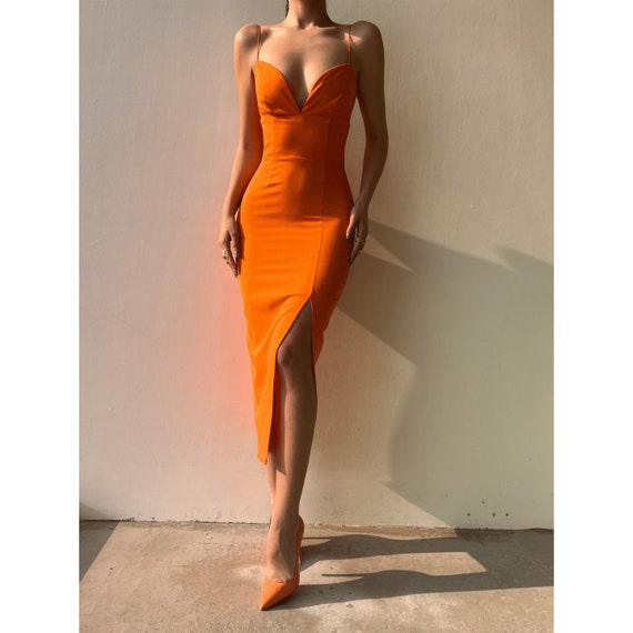 Robe sexy midi longue orange sans manches avec fente latérale, tenues de  fête, robes élégantes pour femmes -  Canada