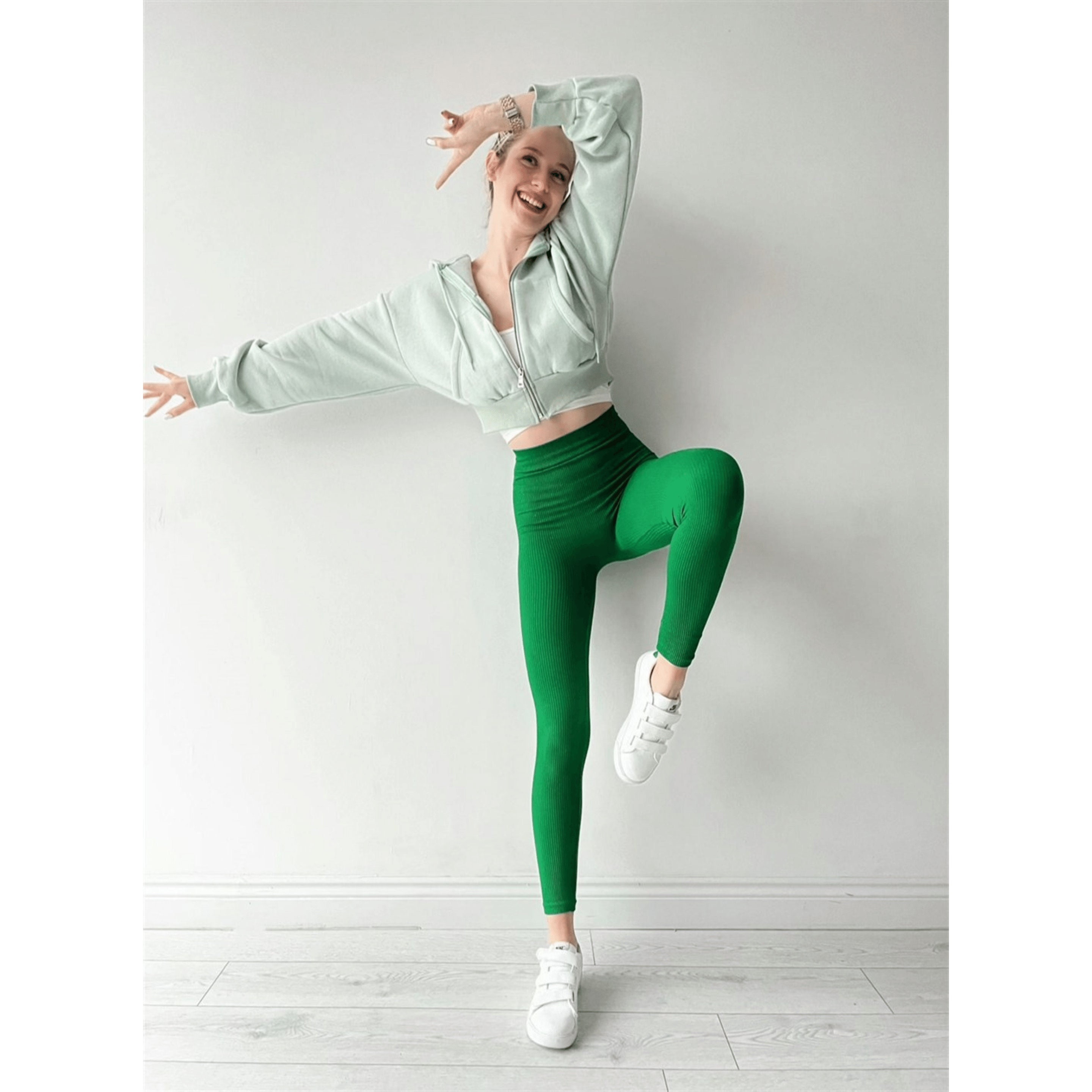 Buy High Waist Ribbed Body Slimmer Dark Green Push-up Leggings