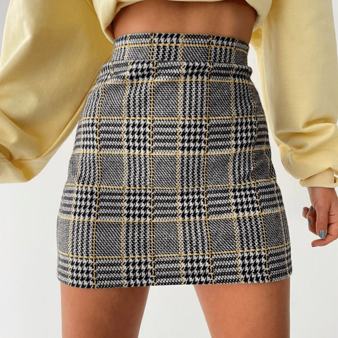 Gray and Yellow Check Pattern Cotton Mini Skirt College - Etsy