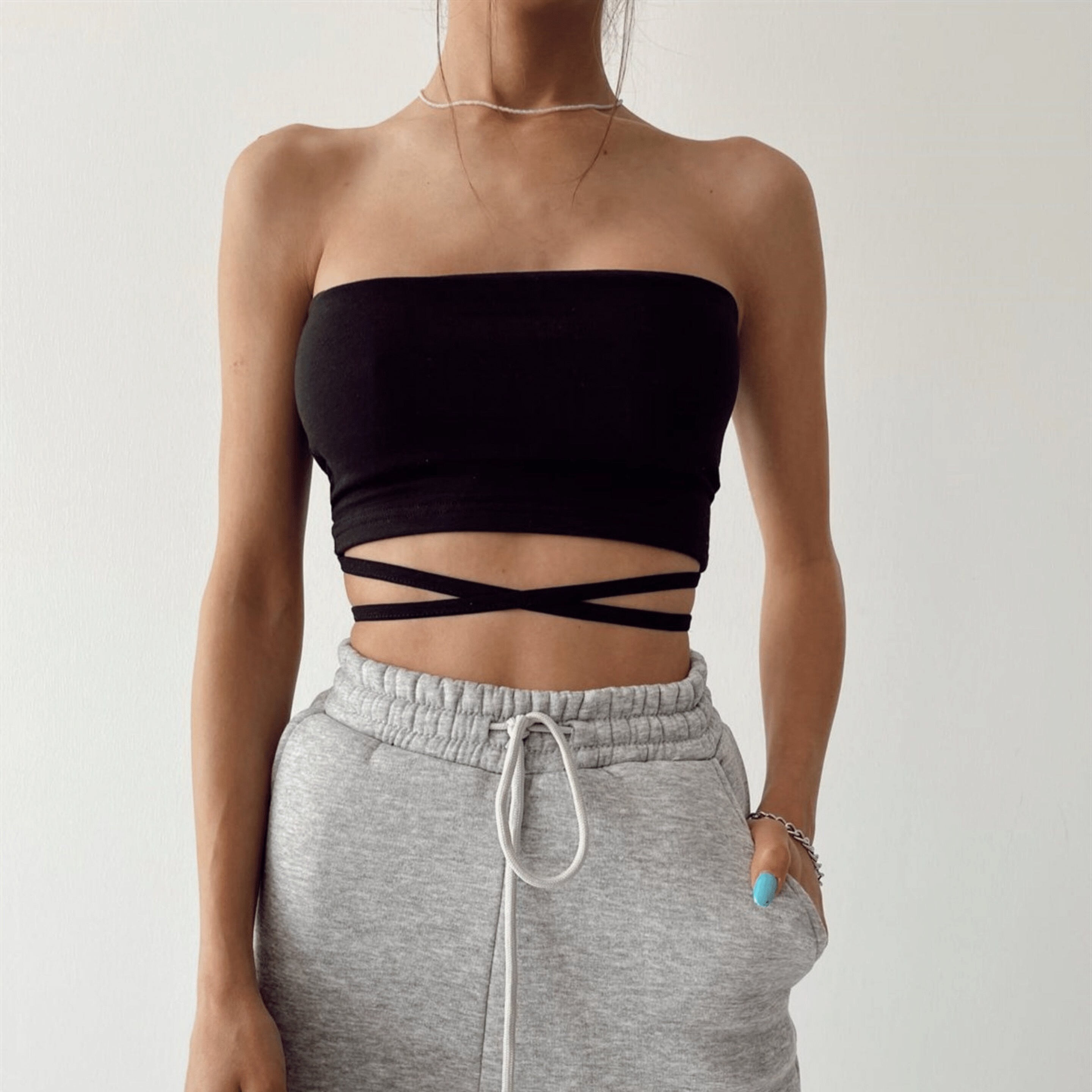 Bandeau Top With Straps, Gray Strapless Top Bralette for Women