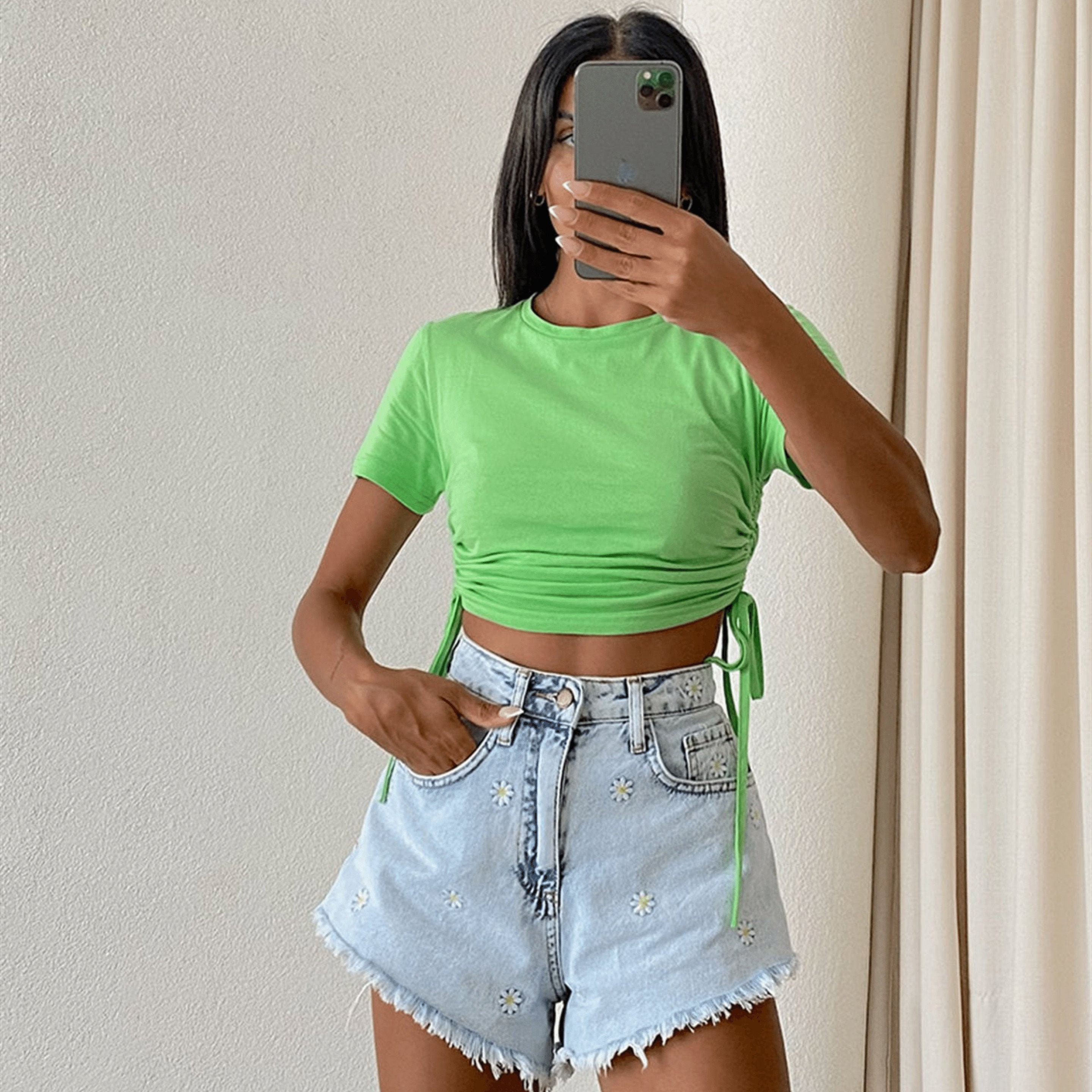 Green Crop Top With Pleated Detailing on the Sides Neon Crop - Etsy  Singapore