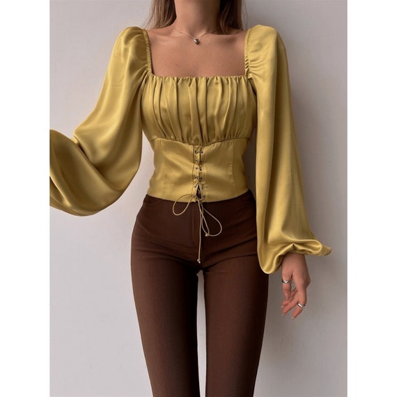 Long Sleeve Yellow Color Vintage Sateen Look Corset Top, Yellow