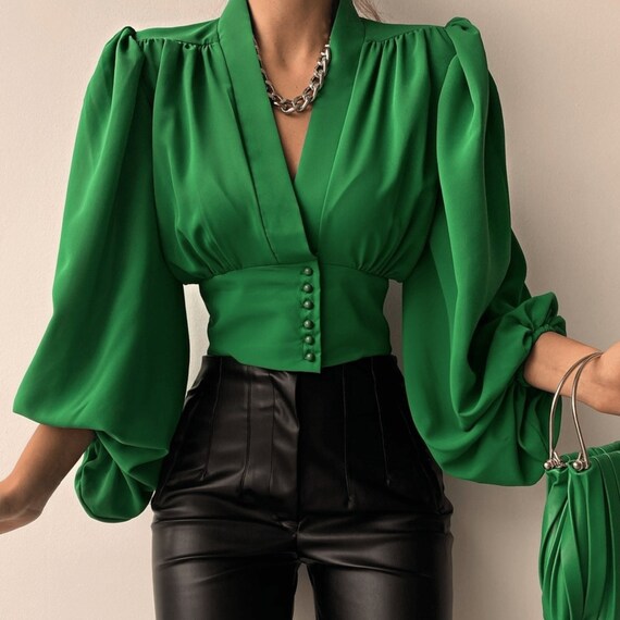 Long Sleeve Green Color Vintage Elizabeth Corset V Neck Blouse