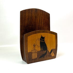 Rare Beautiful antique art deco wooden Hand Made Antique Cat wall storage Holder