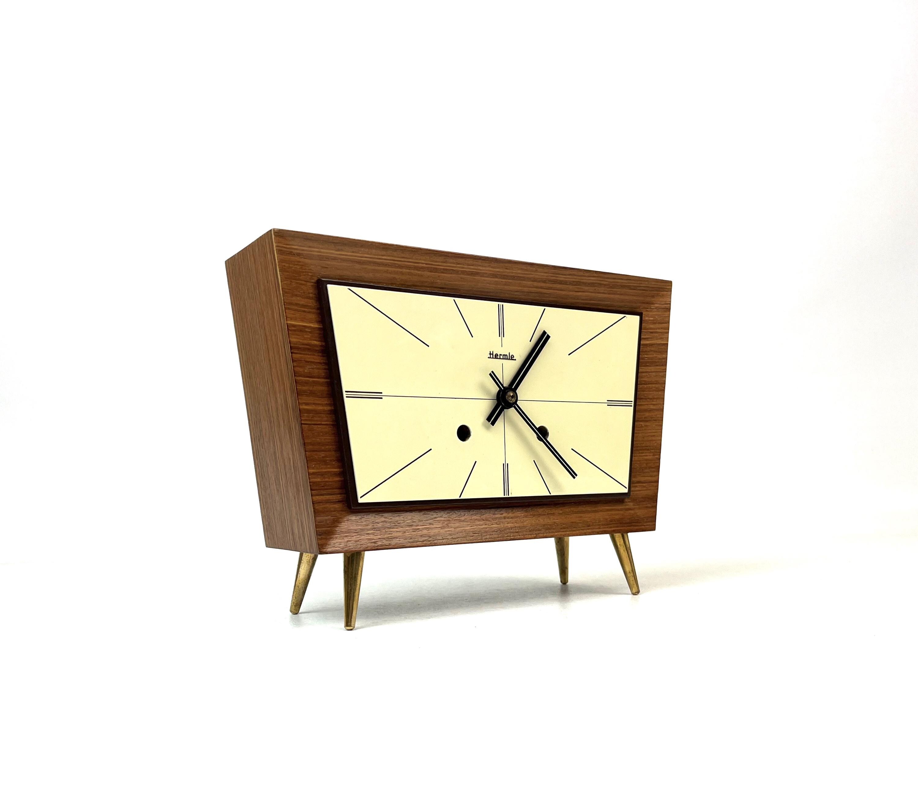 Rare Minimalist Mid Century Teak Desk Clock by Hermle Germany 1960