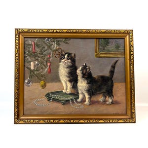 Pintura al óleo antigua de gatos y árbol de Navidad firmada por G. Kosbek, con marco dorado, 1900