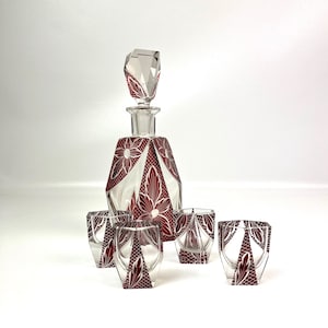 Stunning Art Deco cubist enamel vodka Liquor Decanter & Glasses Set by Karl Palda