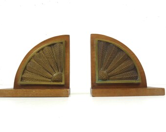 Rare antique art deco wood brass sunray bookends