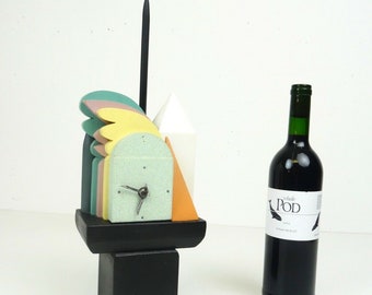 Stunning Unique Mid century Postmodern wooden Desk clock Artist sculpture art memphis age Italy 1980