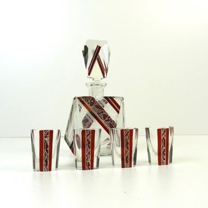 Rare Art Deco cubist enamel vodka Liquor Decanter & Glasses Set by Karl Palda
