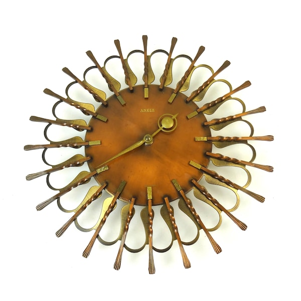 Rare Mid Century Copper & Brass Sunburst Wall Clock by Anker Germany