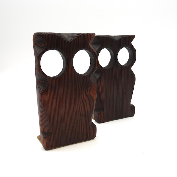 Rare Mid Century Minimalist Pair Owl Bookends Exotic Wood & Brass