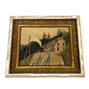 Hermosa estación de tren de locomotora de vapor antigua Pintura en mal estado de los Alpes franceses firmada por un Hornstetten alrededor de 1900