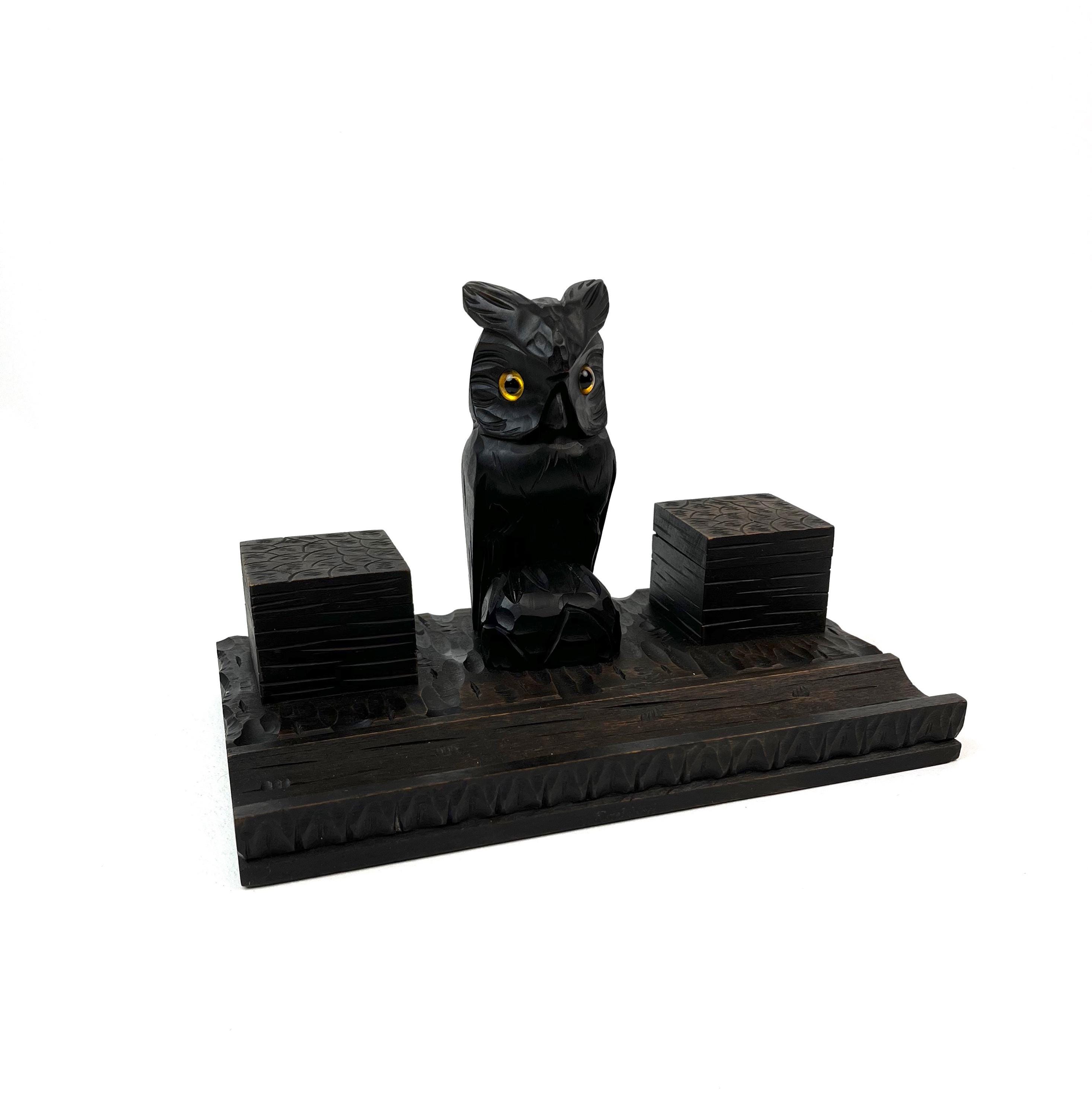 Rare Antique Black Forest wooden Owl desk organizerInkwell sculpture Germany 1890