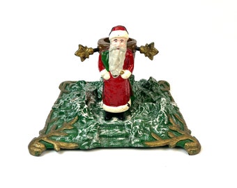 Rare stunning Antique German cast iron handpainted Santa christmas tree stand Holder
