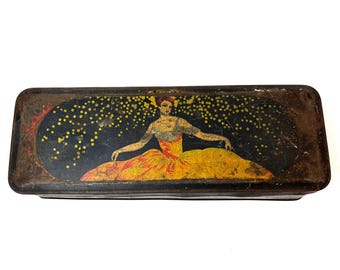 Hisnande mycket sällsynt original art déco antik kvinna fyrverkeri plåtlåda 1920