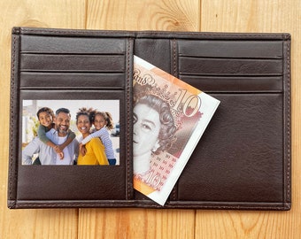 Cartera de cuero genuino personalizada delgada / Cartera de cuero para hombre con imagen / Cartera de cuero de regalo para él