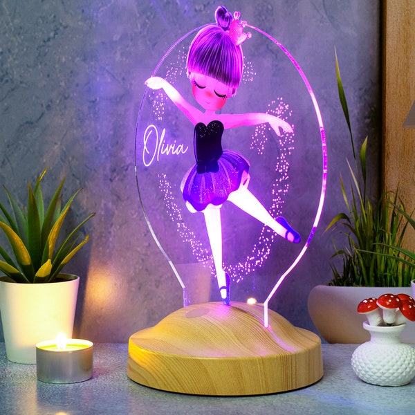 Lampe de nuit Rainbow Ballerina, cadeau pour les filles. Lampe de nuit LED sans fil pour chevet d'enfant. Cadeau de nom personnalisé.