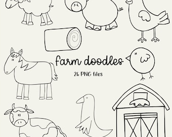 Farm Doodles, Farm Animals Stamps, Pig Stamp, Cow Stamp, Chicken Stamp, Horse Stamp, Clipart for Teachers, Animal Doodles, Clipart for Kids