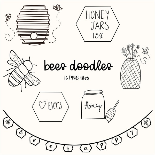 Bee Clipart, Bees Doodle, Beehive Clipart, Spring clipart, Honeycomb Clipart, Honey Jar, Insects Clipart, Spring Doodles, Bee PNG