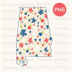 Handgetekende staatskaart Alabama, png PNGEgg | AL Outline-clipart voor stickers, T-shirts en reisknutsels | AL Bloemenoverzicht voor woondecoratie