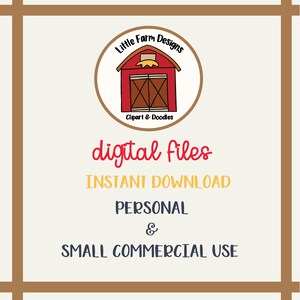 Puede incluir: Un granero rojo con una puerta blanca y una paca de heno amarilla en la parte superior. El granero est&aacute; dentro de un c&iacute;rculo con el texto "Little Farm Designs" y "Clipart & Doodles". El texto "digital files INSTANT DOWNLOAD PERSONAL & SMALL COMMERCIAL USE" est&aacute; debajo del c&iacute;rculo.