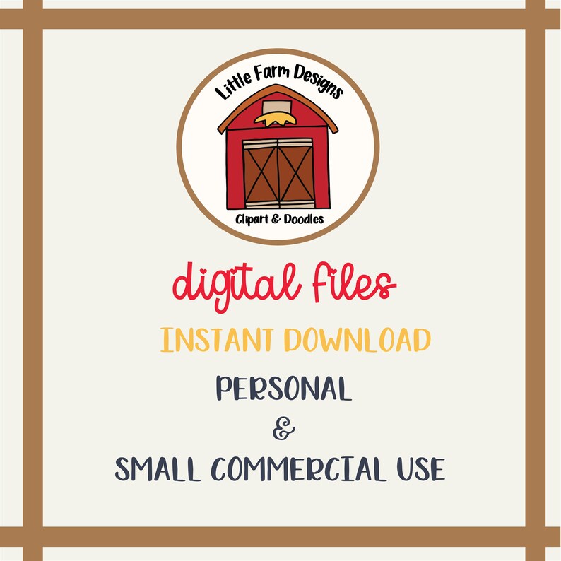 Puede incluir: Un granero rojo con una puerta blanca y una paca de heno amarilla en la parte superior. El granero est&aacute; dentro de un c&iacute;rculo con el texto "Little Farm Designs" y "Clipart & Doodles". El texto "digital files INSTANT DOWNLOAD PERSONAL & SMALL COMMERCIAL USE" est&aacute; debajo del c&iacute;rculo.