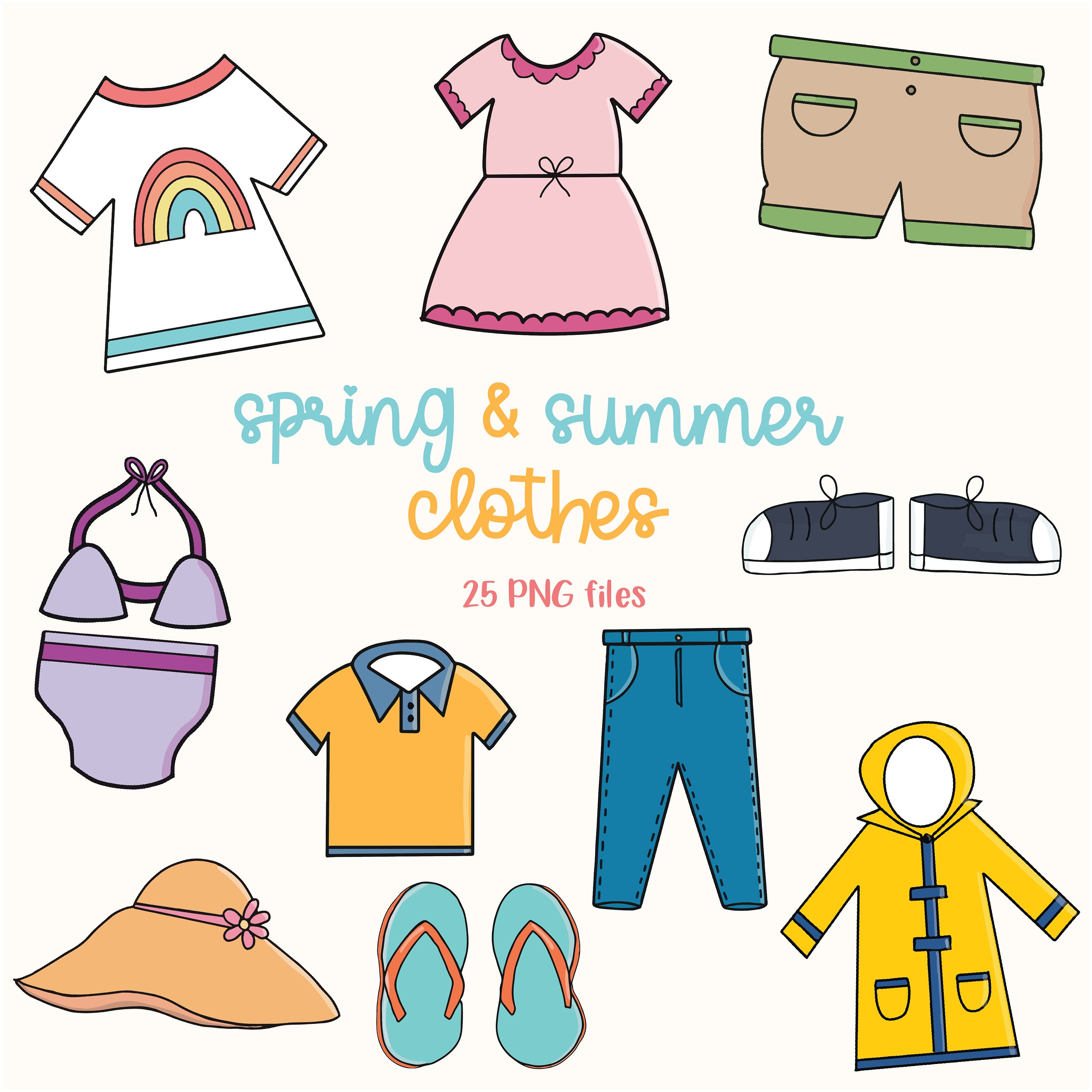 Spring Summer Clothing Clipart, Clothes Clipart, Spring Clipart, Flip Flops  Clipart, Swimsuit Clipart, Dress Clipart, Spring Clothes 