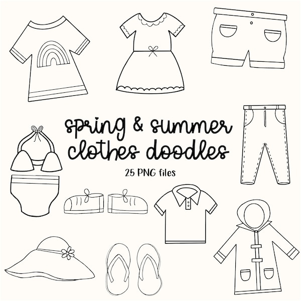 Spring Summer Clothing Doodles, Clothes Stamps, Spring Stamps, Flip Flops Doodles, Swimsuit Doodle, Dress Doodle, Spring Clothes Stamps