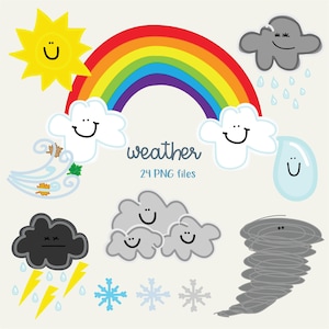 Imágenes prediseñadas del tiempo, gráficos de pronóstico, nubes, arcoíris, lluvia, sol, termómetro, tormenta, ilustración del arcoíris