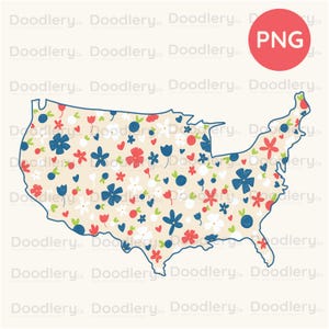 Fourth of July PNG, US Map Outline, Printable Floral United States Map PNG, Patriotic Png Sublimation Design, 4th of July Clipart